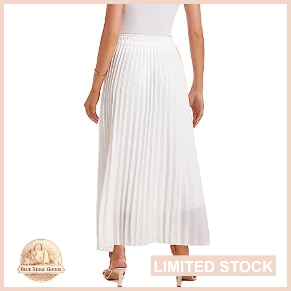 High Waist Elastic Pleated Maxi Skirt Boho Swing A-Line Flowy Elegant - Picture 6 of 7
